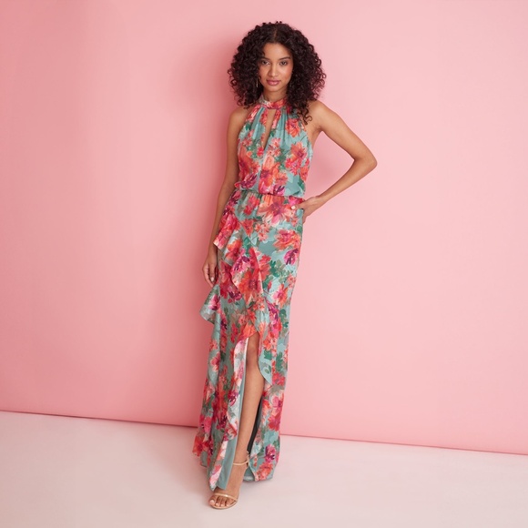 Adrianna Papell Floral Printed Halter Mermaid Gown With Ruffle Details In Turquo - Picture 1 of 3
